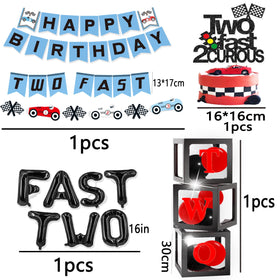 Miruwtog racing theme banners create a playful party atmosphere.