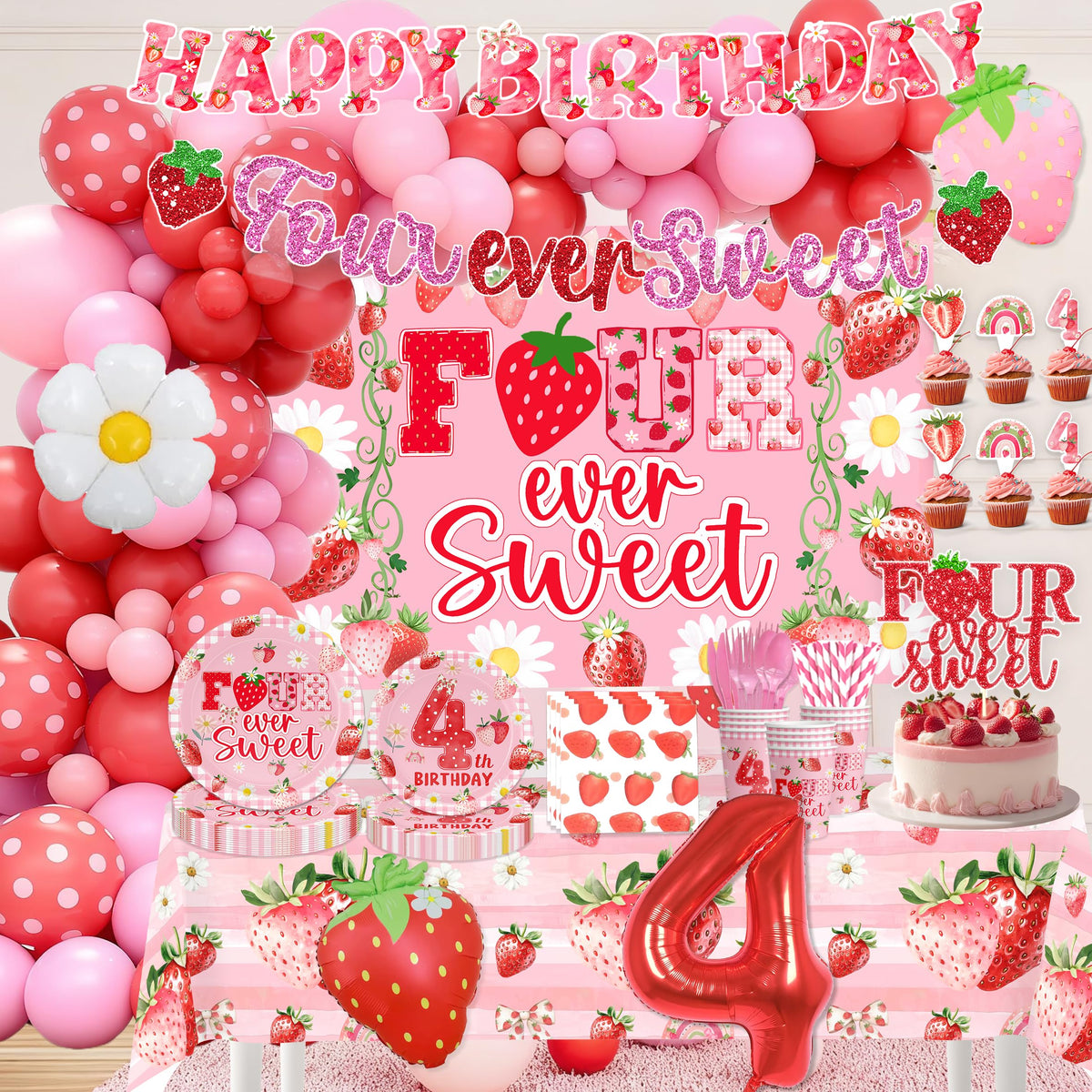 Miruwtog strawberry 4th birthday banner for festive decor and photos