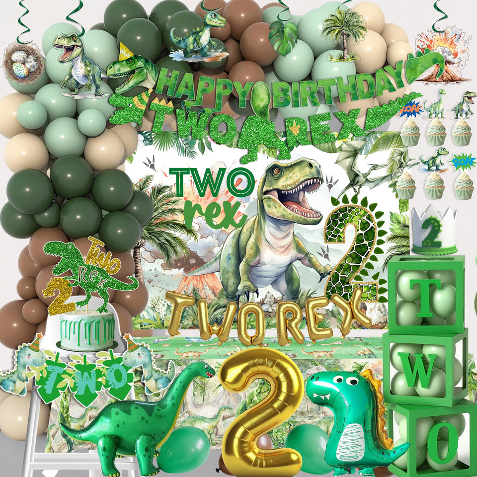 Miruwtog Two Rex backdrop creates a vivid dinosaur scene for memorable party photos.