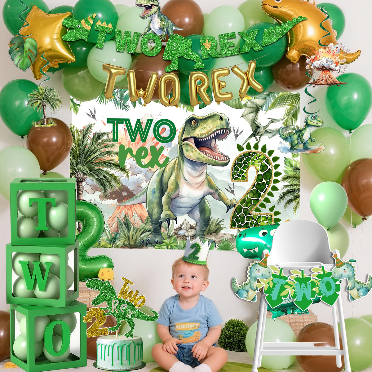 Miruwtog Two Rex birthday banners help set a cohesive dinosaur theme quickly.