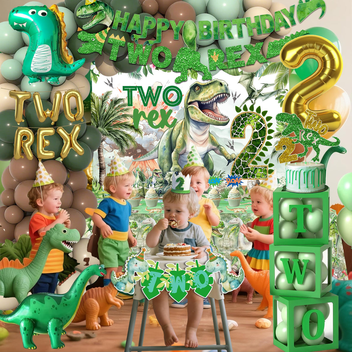 Miruwtog green dinosaur balloons add playful height to the dessert table.