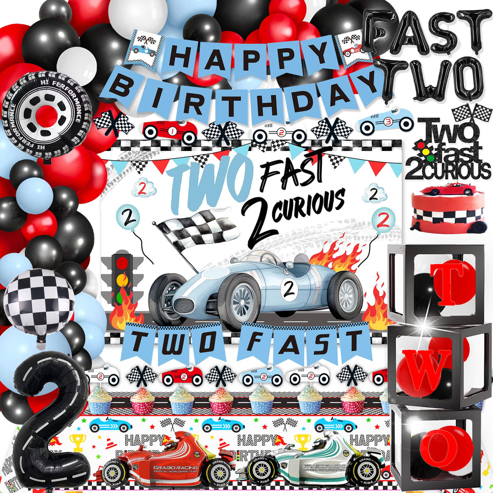 Miruwtog TwoFast banner set boosts racing decor for a 2nd birthday party.