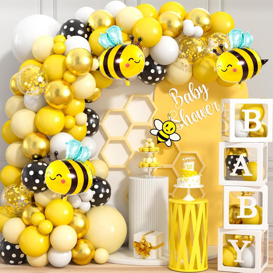 Mishopy 124 bee baby shower arch featuring yellow and white balloons for a festive entrance.