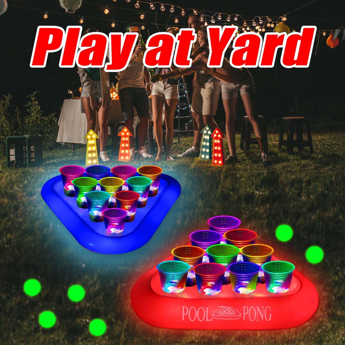 Mishunyus Glow Party pool pong set assembled ready for pool fun.