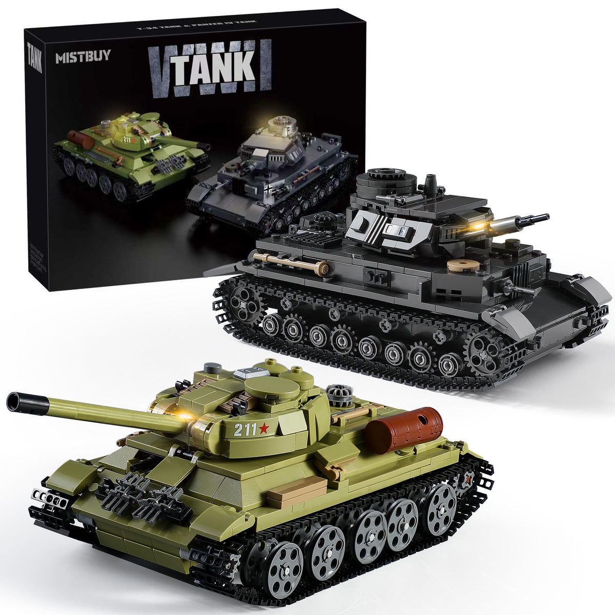 MISTBUY Panzer IV and T-34 duo with lights for dramatic display and collection