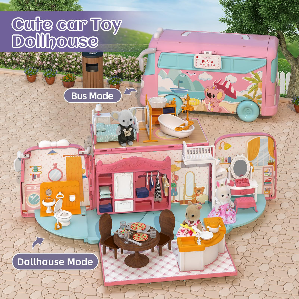 MITCIEN dollhouse 180-degree caravan open for easy access play and storytelling.