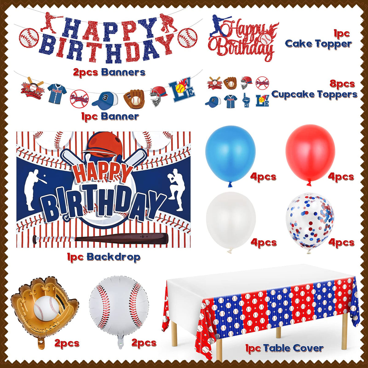 Miucat baseball party decorations kit banner cards brighten walls with red, blue, and white accents.