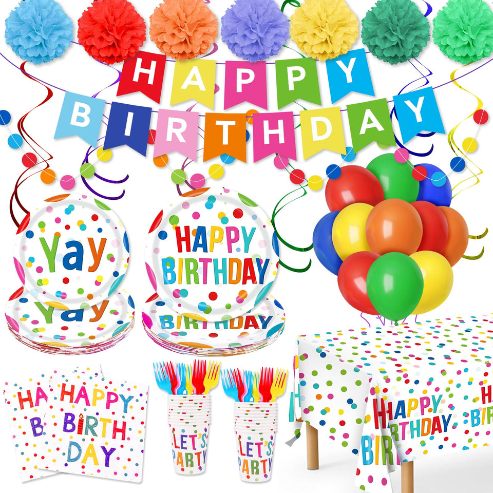 Miucat Happy Birthday 9-inch plates decorate the table for festive dining and quick cleanup.