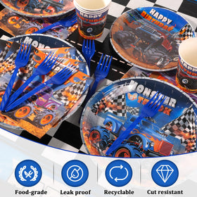 Miucat Monster Truck banner decor creates a bold backdrop for a car-themed party