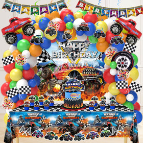 Miucat Monster Truck backdrop anchors a bold birthday scene perfect for photos.