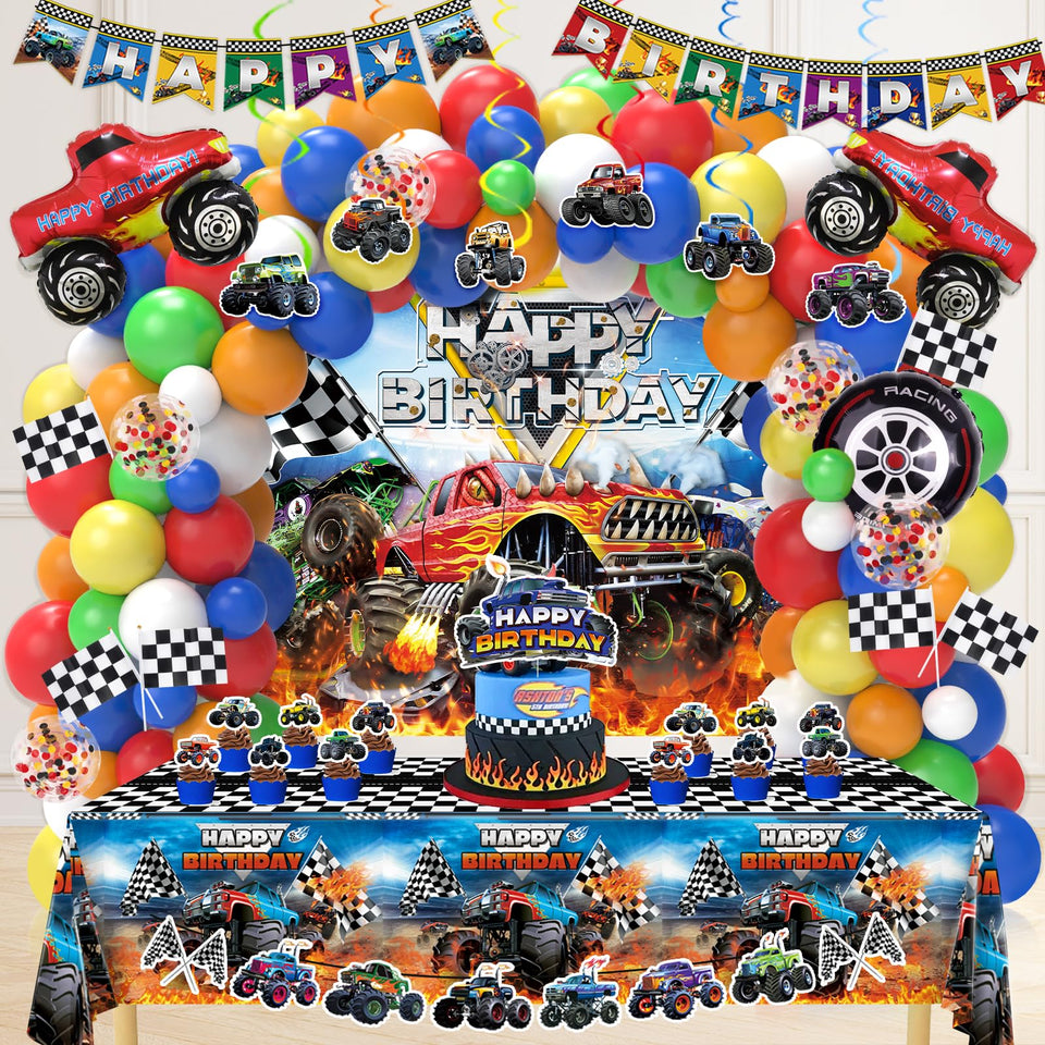 Miucat Monster Truck backdrop anchors a bold birthday scene perfect for photos.