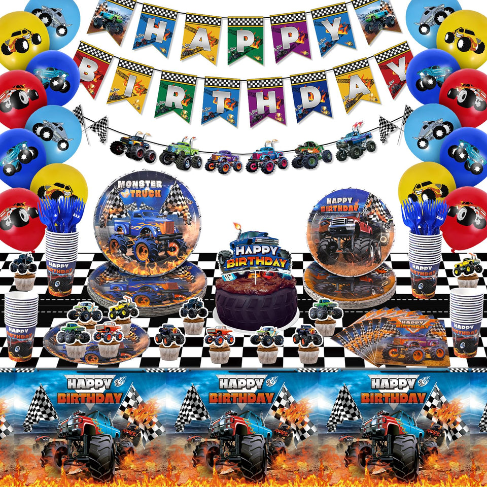 Miucat Monster Truck party tableware bundle with plates, cups, and utensils for a kid's party