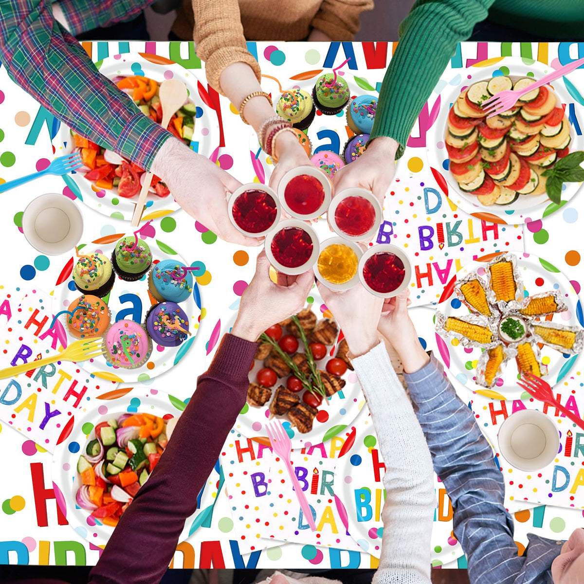 Miucat rainbow paper garland adds color and dimension to the party backdrop.