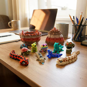 Mivi Collection shelf and terrarium-ready figures enhance desks and bookcases.