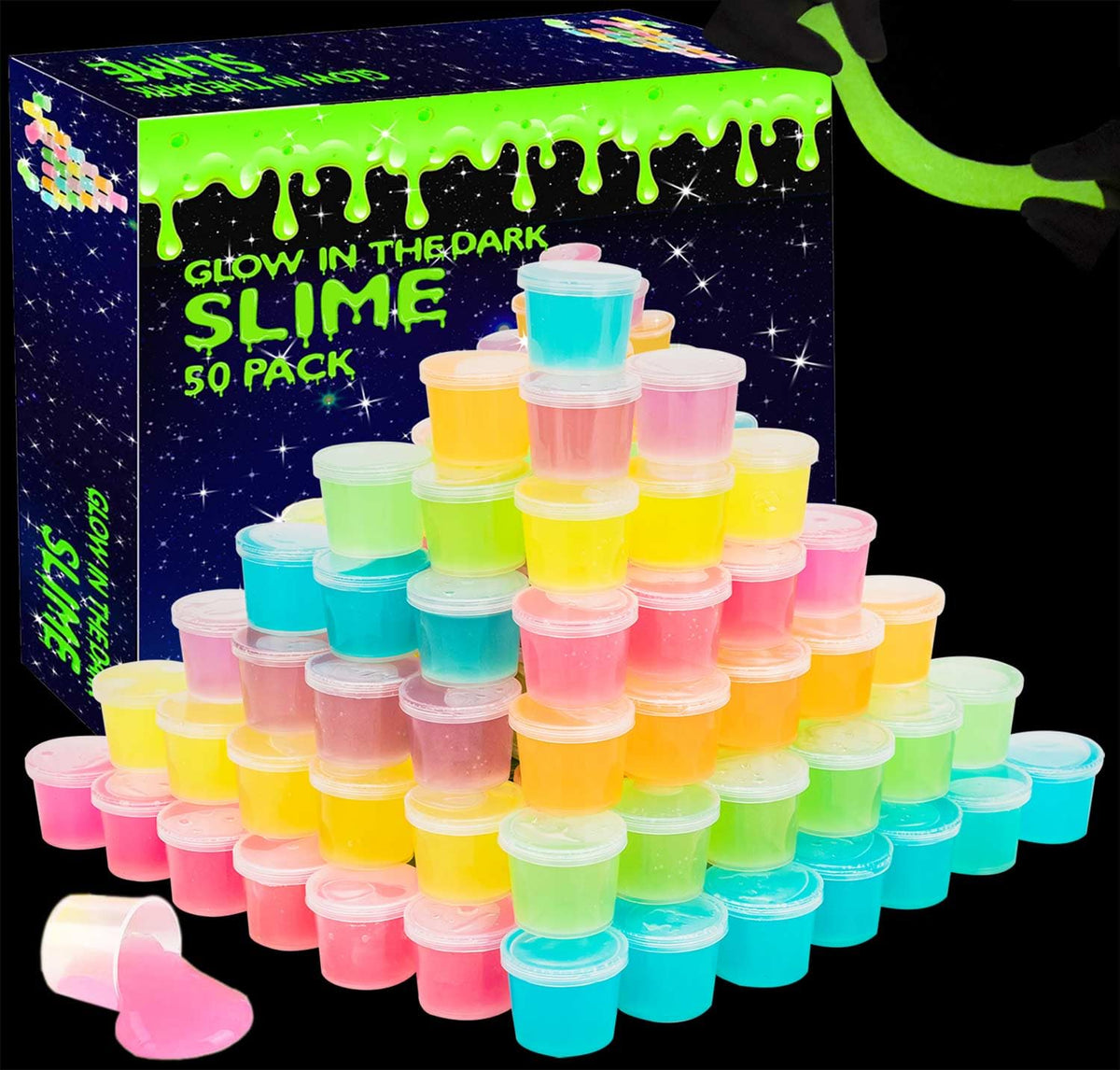 MiVRIU glow-in-the-dark slime 50-pack, vibrant colors for parties.