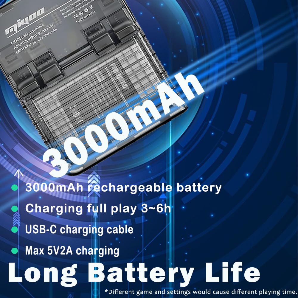 Miyoo Mini Plus back view emphasizes its large 3000 mAh battery for long sessions.