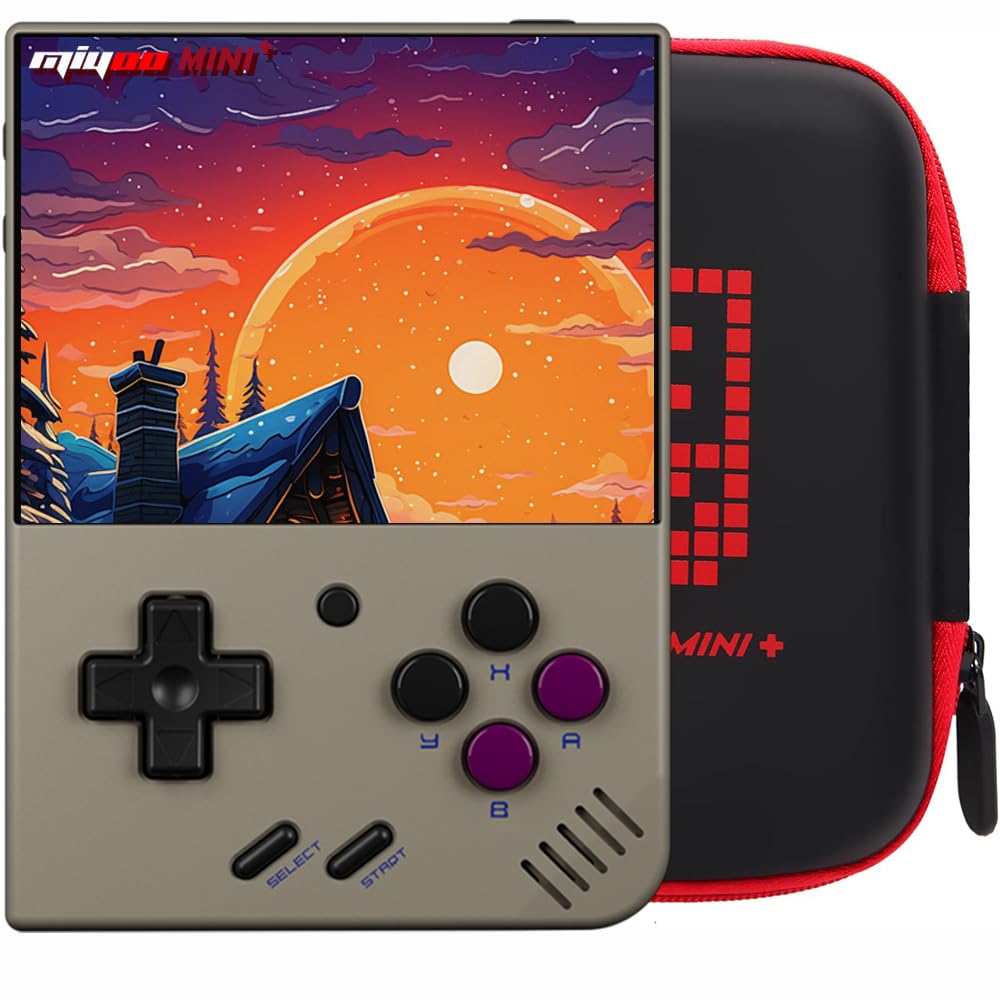 Miyoo Mini Plus front view in gray for portable retro gaming on the go