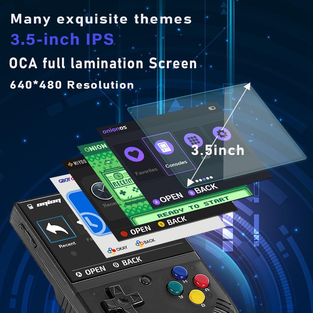 Miyoo Mini Plus close-up display, sharp 640 by 480 visuals on the screen.
