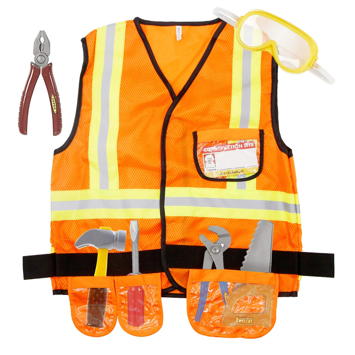 Mizzuco kid in construction costume wearing reflective vest for realistic role play.