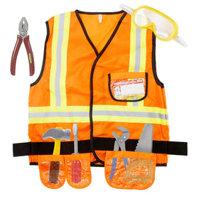 Mizzuco kid in construction costume wearing reflective vest for realistic role play.