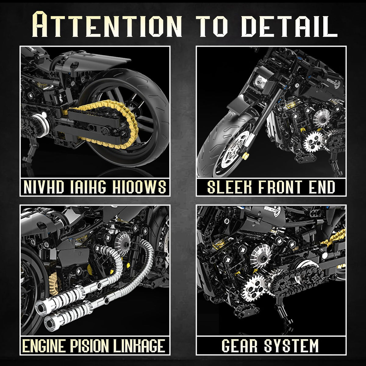MJDDJA 1:8 motorcycle internals close-up showing transmission chains.