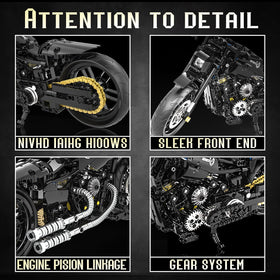 MJDDJA 1:8 motorcycle internals close-up showing transmission chains.