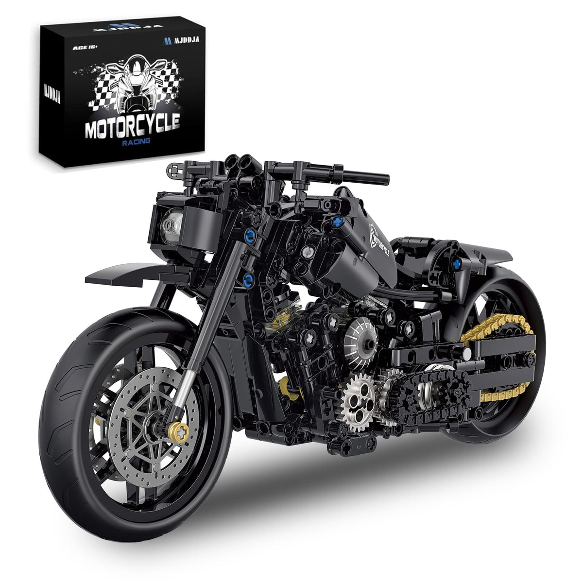 MJDDJA 1:8 motorcycle front view showing realistic steering.