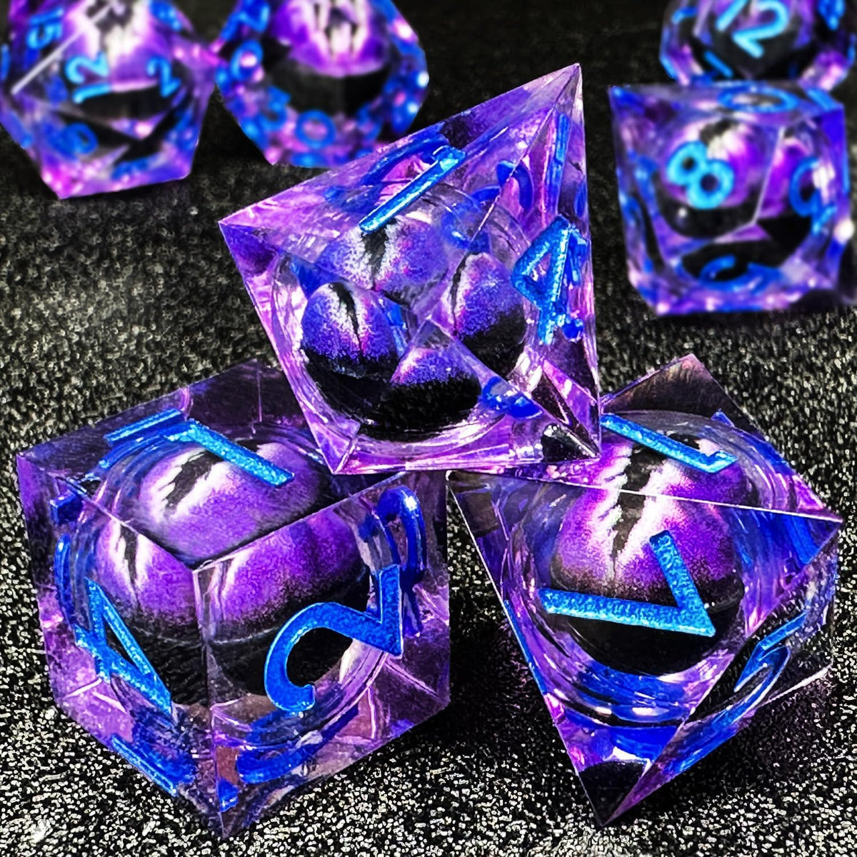 MJDICEOK purple resin dice with sharply polished edges.