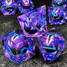 MJDICEOK purple resin dice with sharply polished edges.
