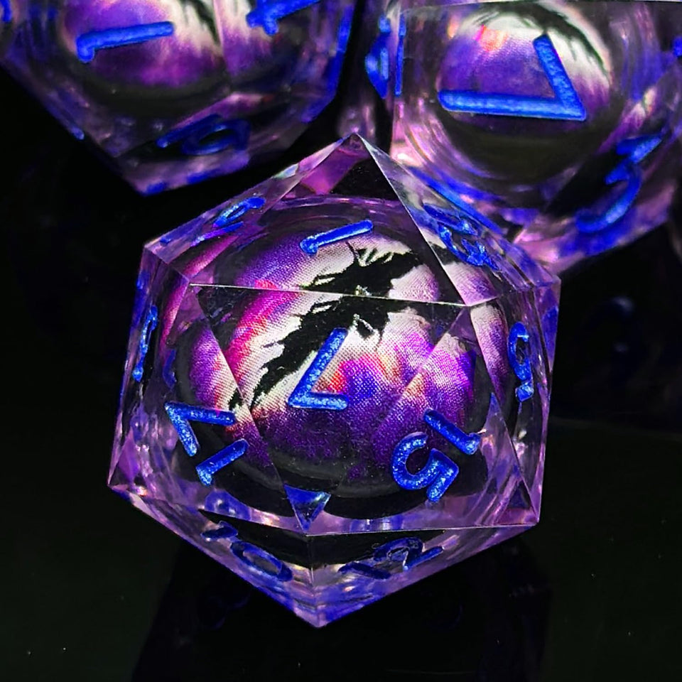 MJDICEOK dragon eye dice set in purple for table RPG sessions.