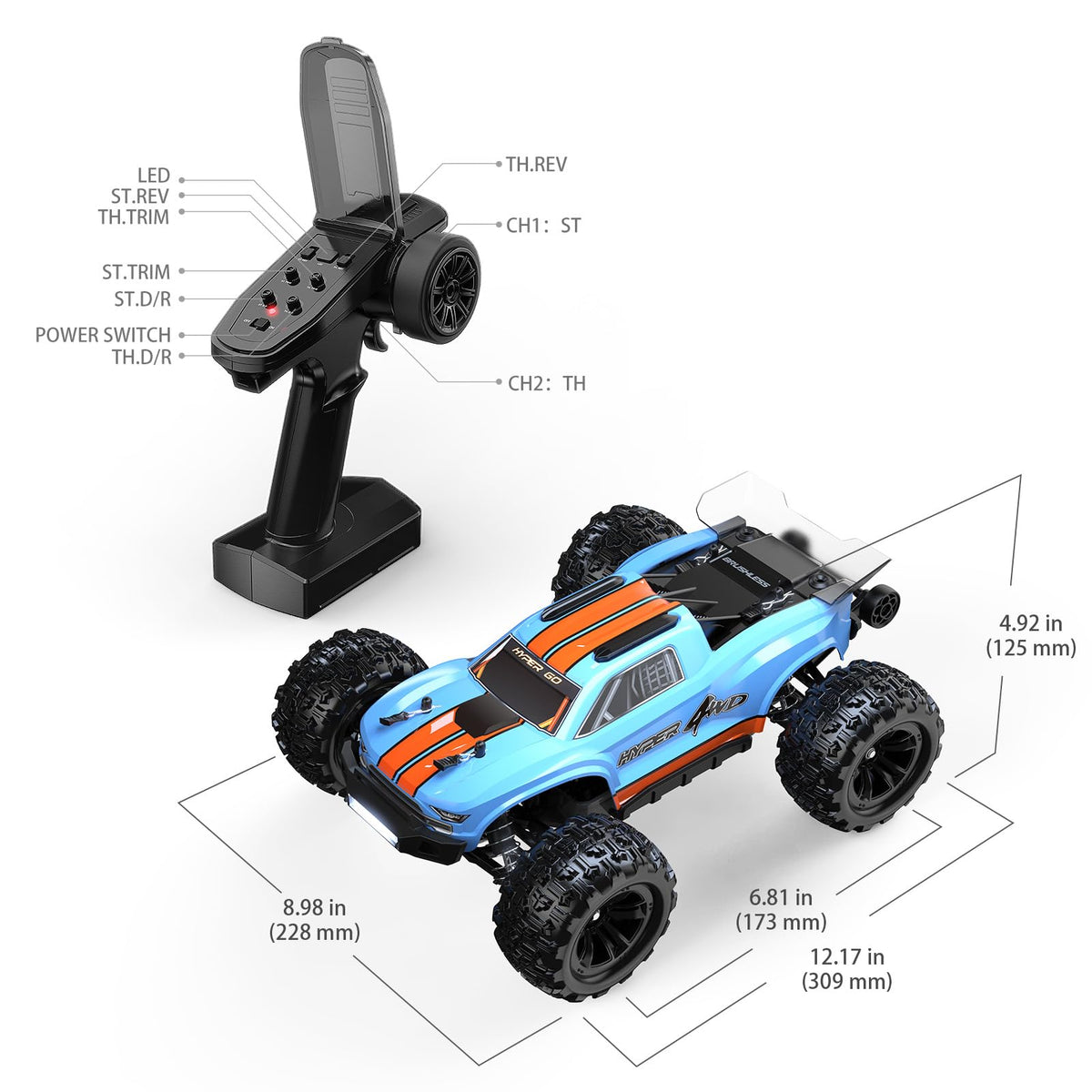 T4M transmitter with speed limiter and 390 ft range for safe control.