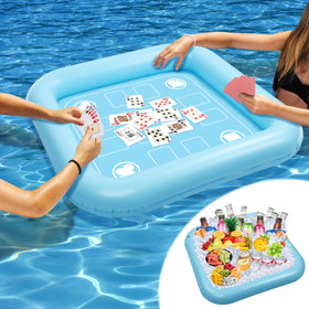 MJZ floating pool table blue top view, ideal for four-player water card games.