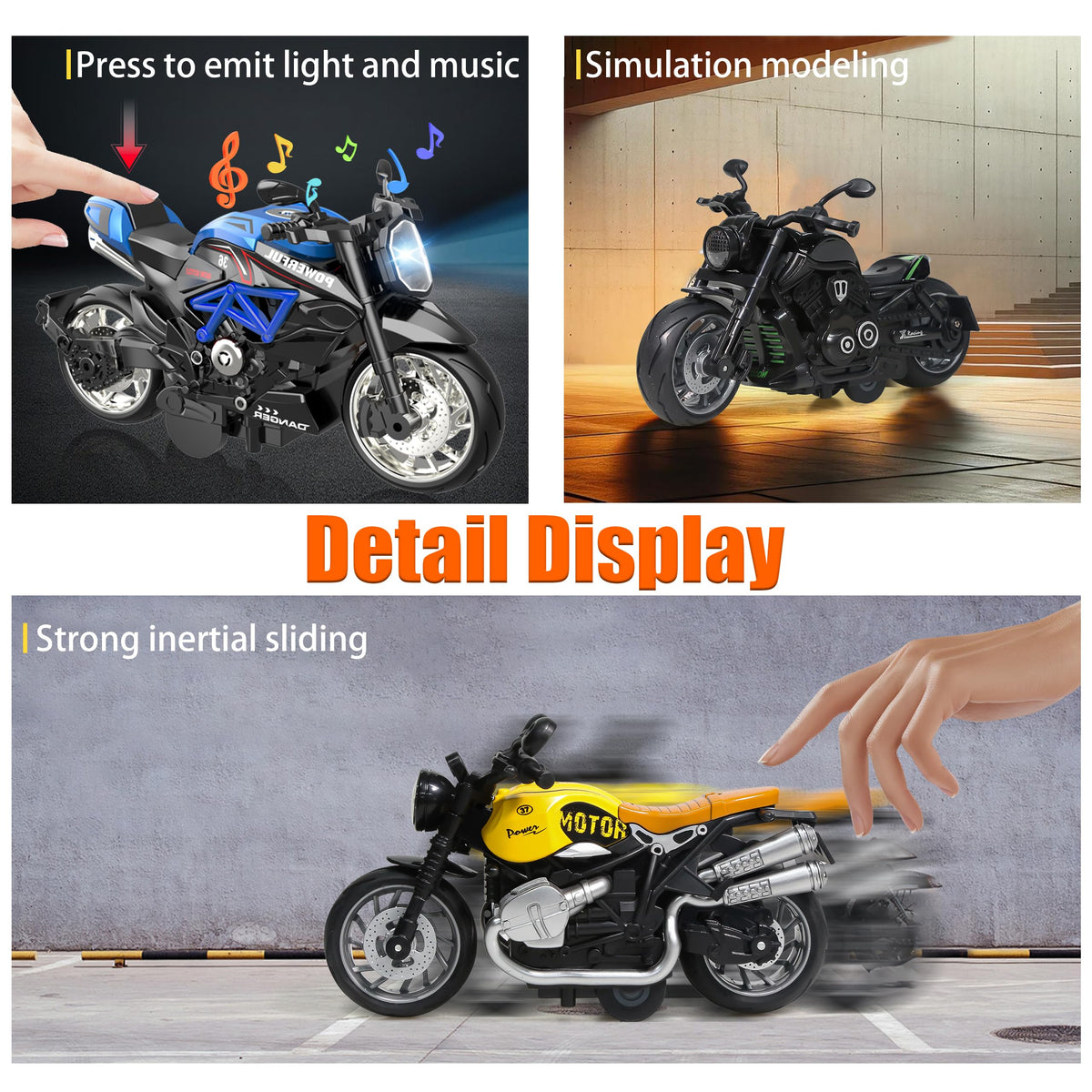 MLcnleS 1:12 scale die-cast motorcycles detail for realistic pretend play.
