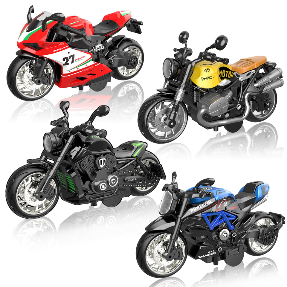 MLcnleS alloy motorcycle four-pack front view shows durable metal construction for play and display.