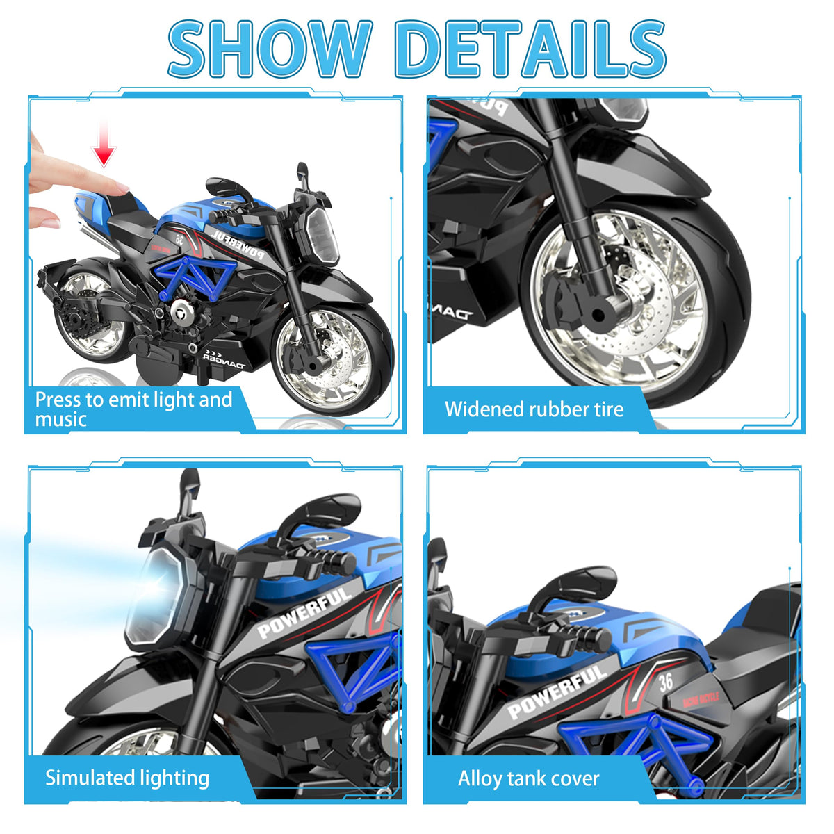 MLcnleS pull-back action motorcycles with easy handling and quick starts.