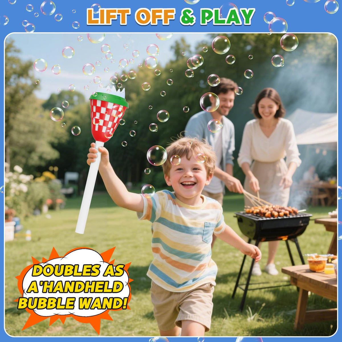MLDKA bubble machine with LED torch design adds dramatic lighting to events.