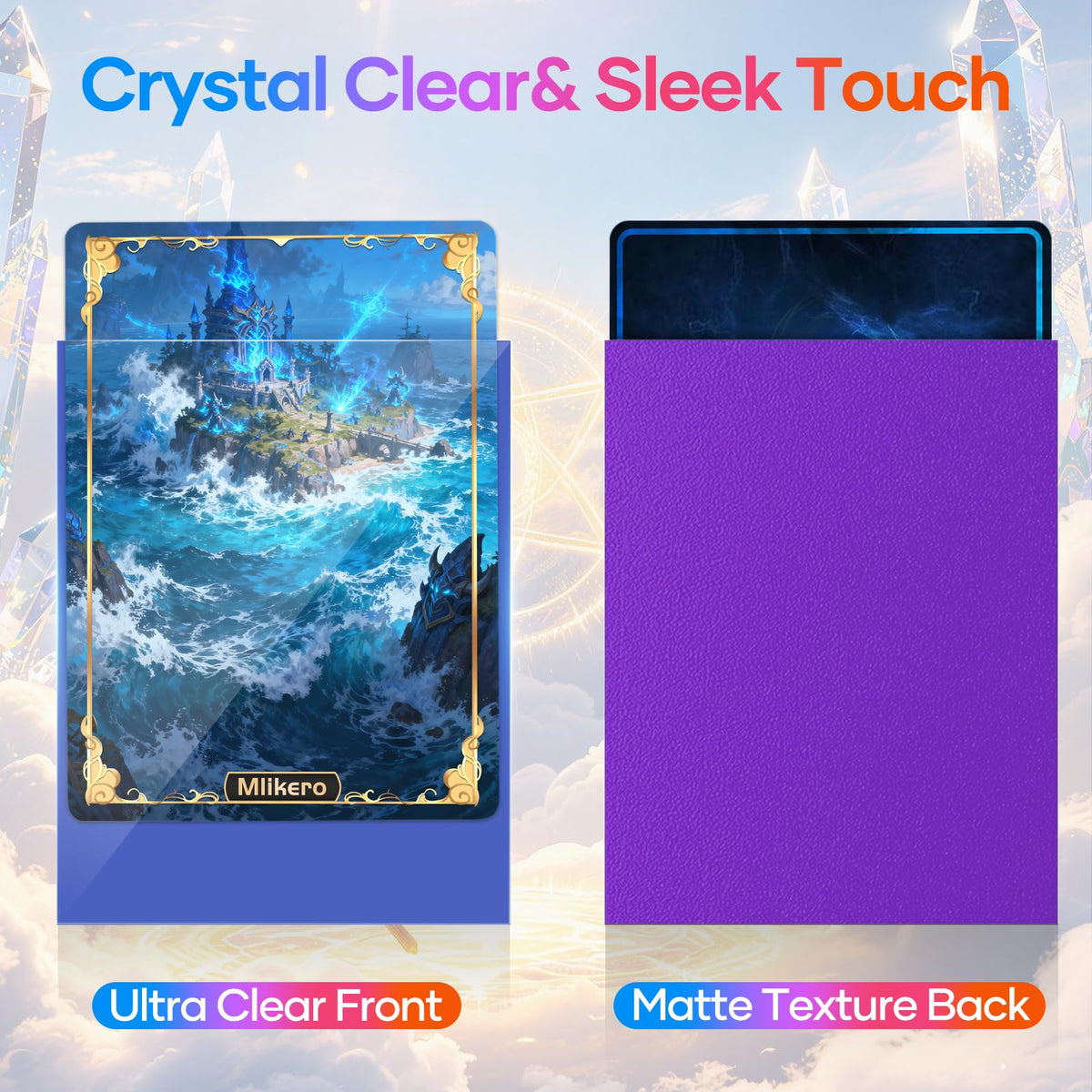 Mlikero sleeves showing matte and glossy sides for smooth shuffling and clear display.