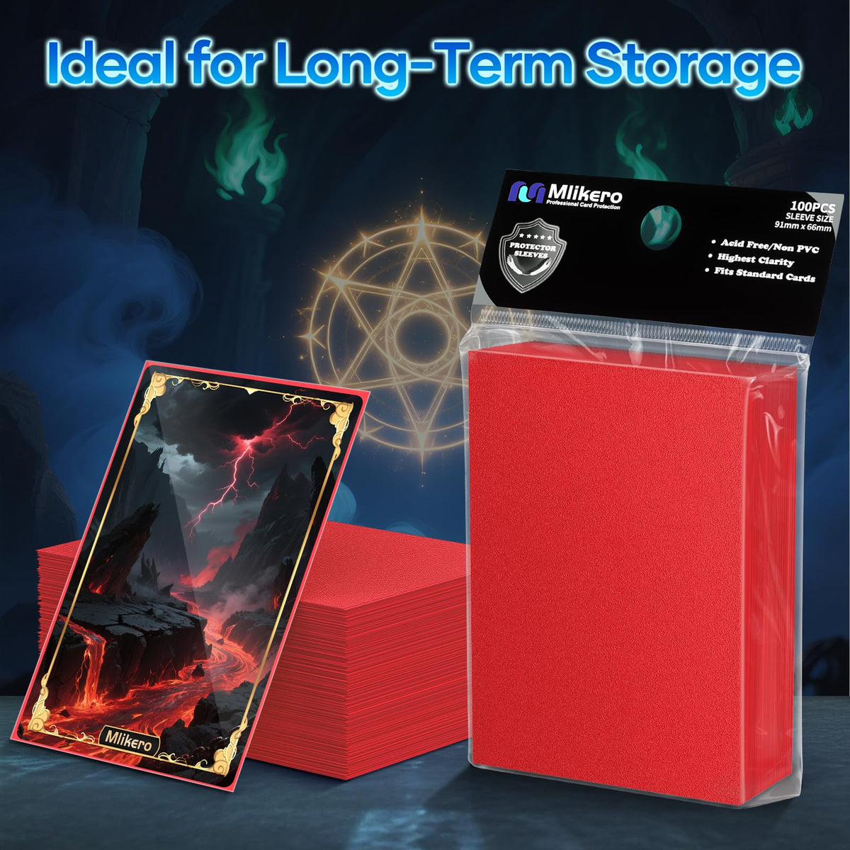 Mlikero sleeves suitable for MTG, baseball, and football cards in storage or display.