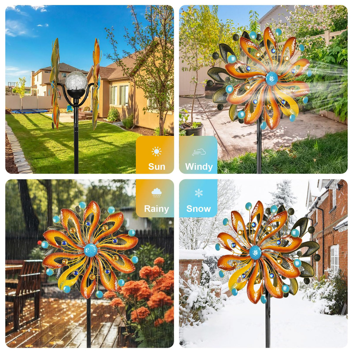 MLKNK wind spinner garden display at dusk creates inviting ambiance.