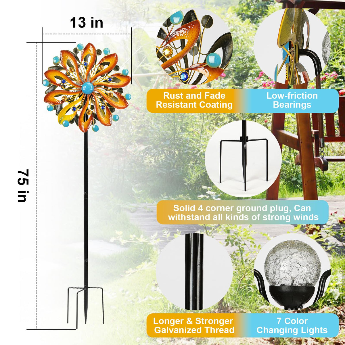 MLKNK wind spinner reinforced 19mm pole for outdoor stability.
