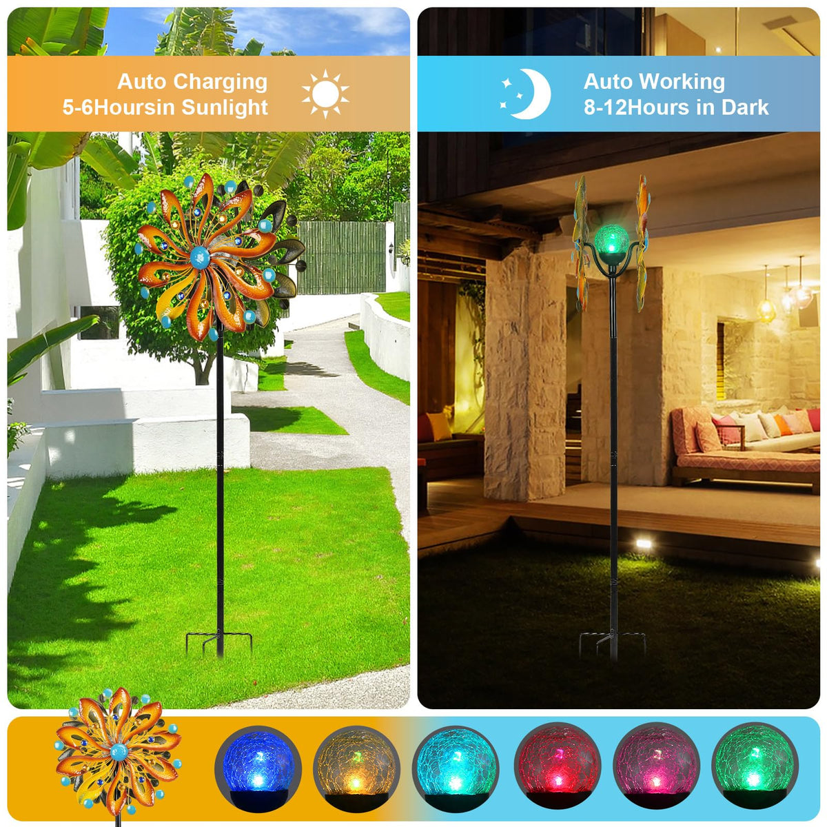 MLKNK wind spinner with solar glass ball light adds multi-color glow for evenings.