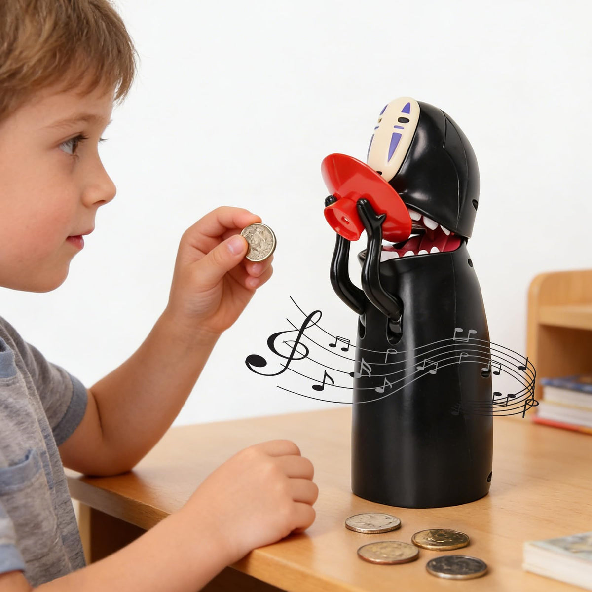 MLOHASING No Face Coin Bank on desk display, blending with decor
