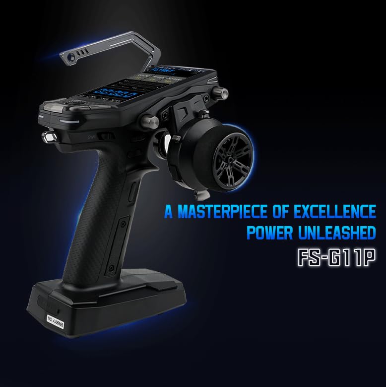 MLRPGO Flysky FS-G11P transmitter back view highlighting ergonomic grip