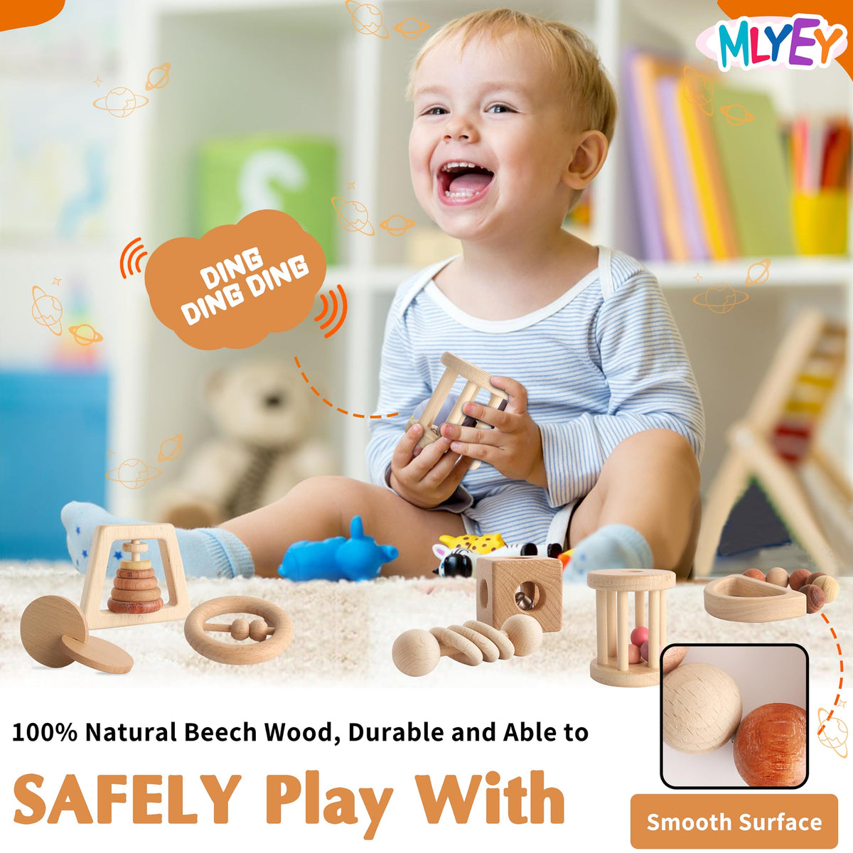 MLYEY wooden baby toy ball roller stimulates senses and encourages grip