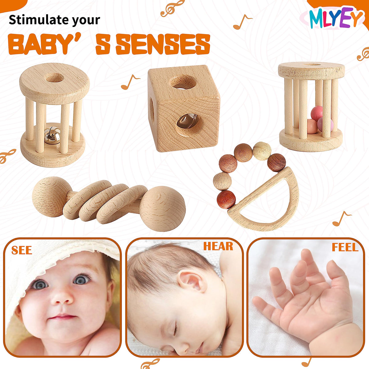 MLYEY wooden baby toy ring rattle promotes early shaking and grasping