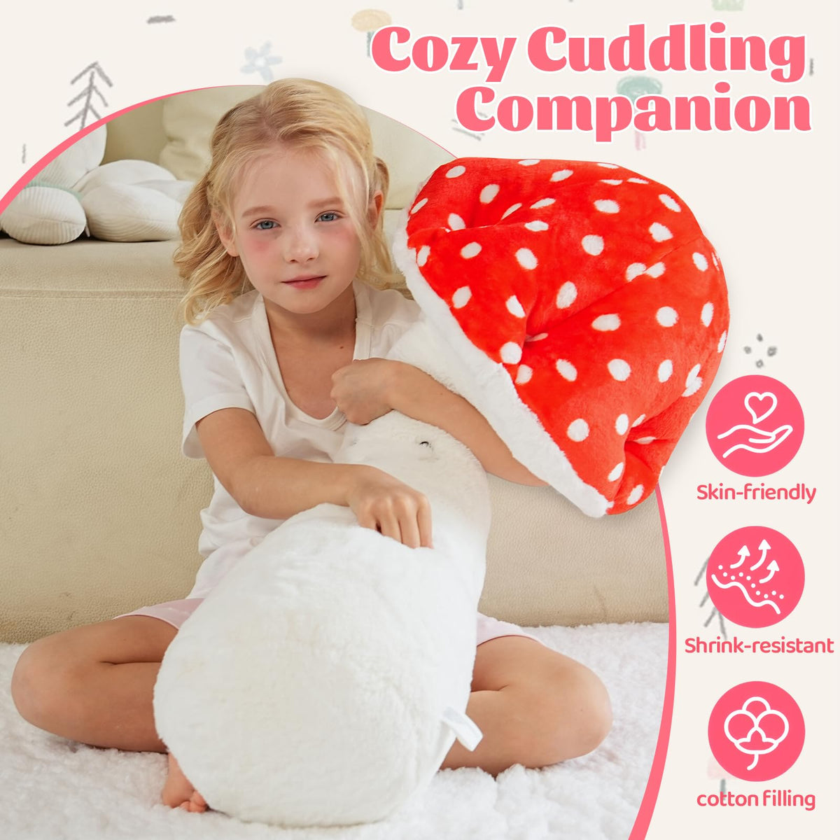 MMguai mushroom plush face and stem create a friendly cuddling focal point
