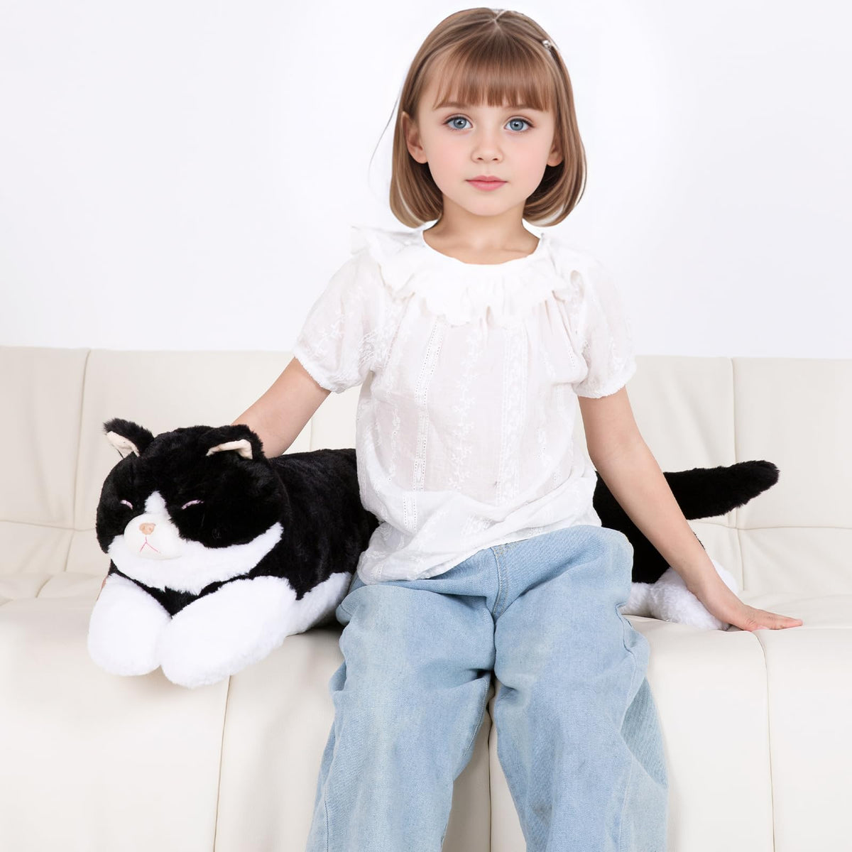 MMguai giant black and white cat plush face with embroidered eyes