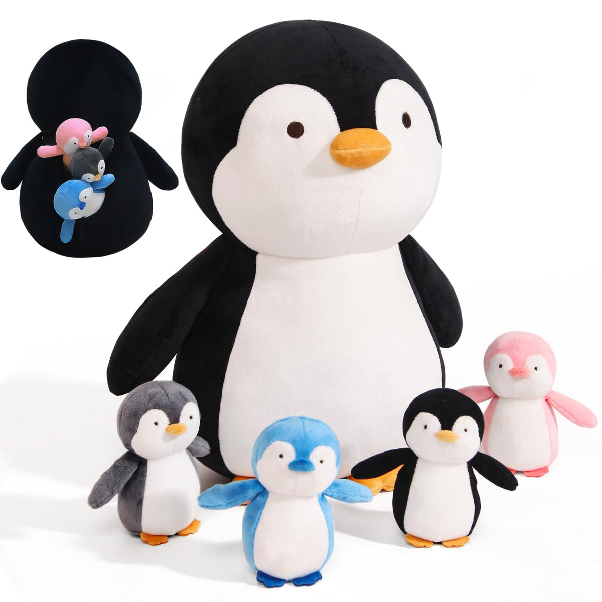 MMguai penguin family: large mother plush with four babies for imaginative play