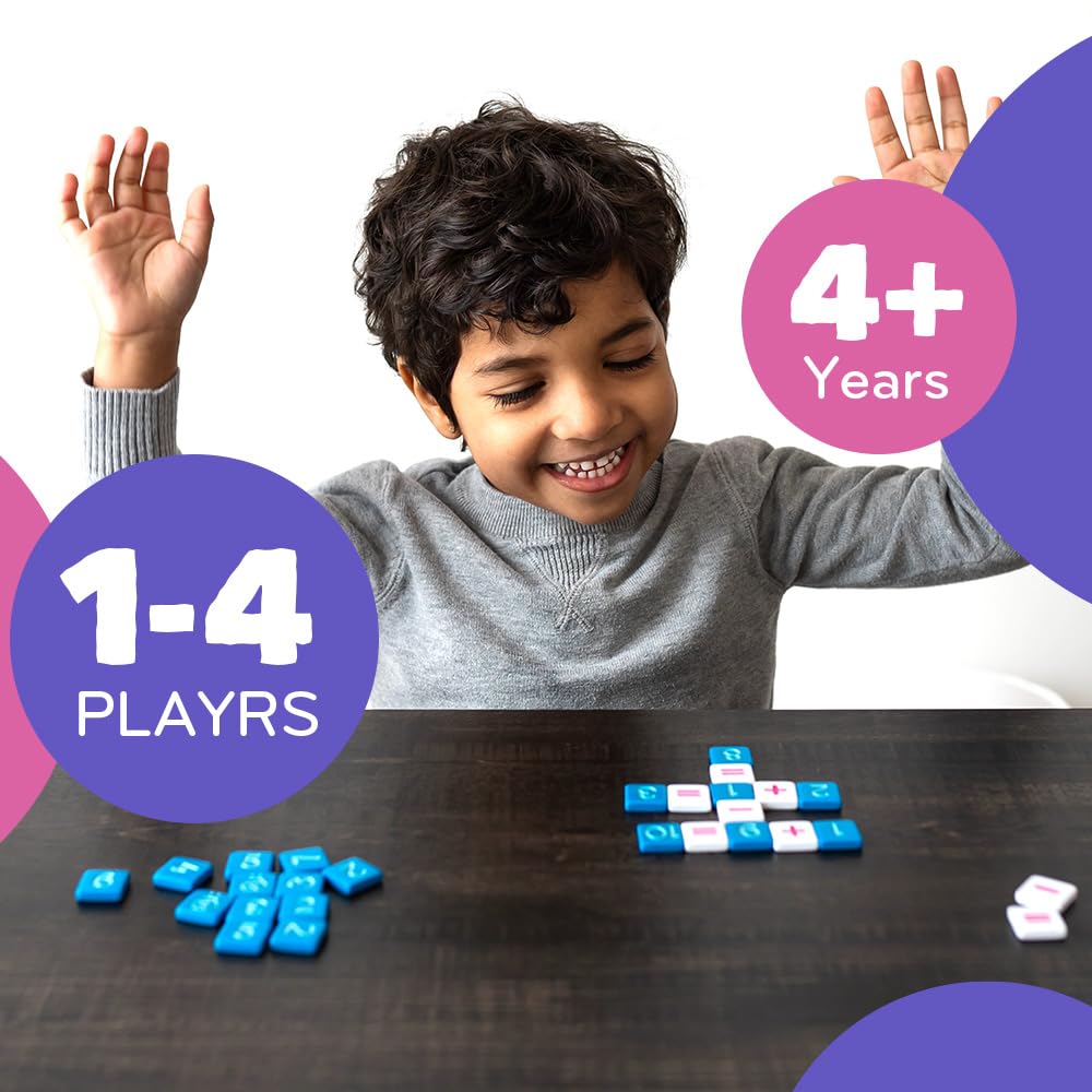 Closeup of tile manipulatives shows durable blue numerals and white operation tiles