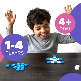 Closeup of tile manipulatives shows durable blue numerals and white operation tiles